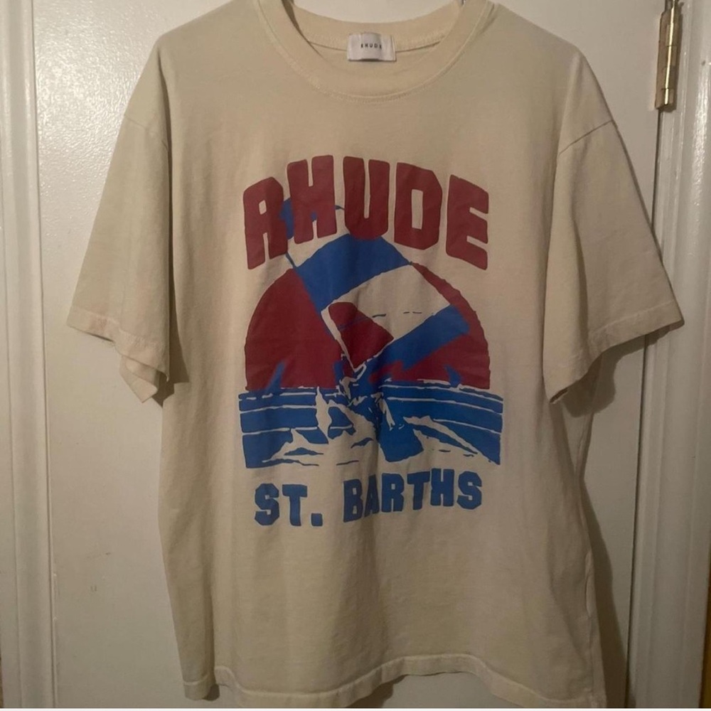 Rhude Cream and Red Short Sleeve Tee